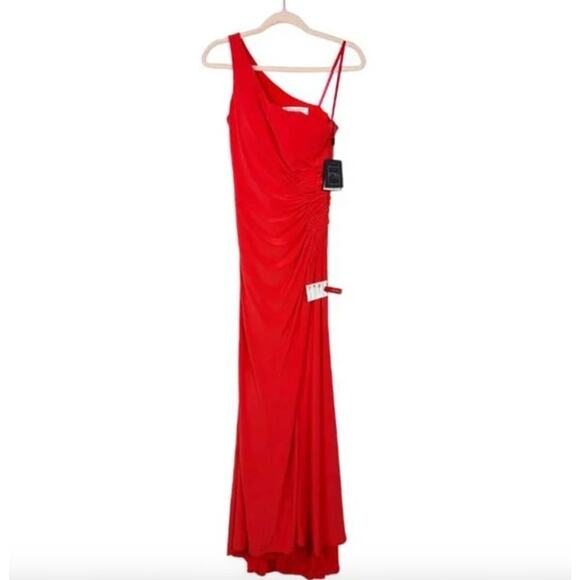 MAC DUGGAL Dress Size 4 Evening Gown NEW Red One Shoulder Ruched Jersey Cherry - Picture 4 of 7